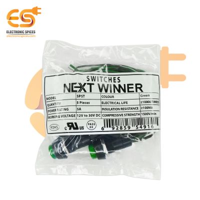 NEXT WINNER SPST 5A 12V/30V DC Green color 2 pins SPST small plastic Push switch with attached wire pack of 5pcs